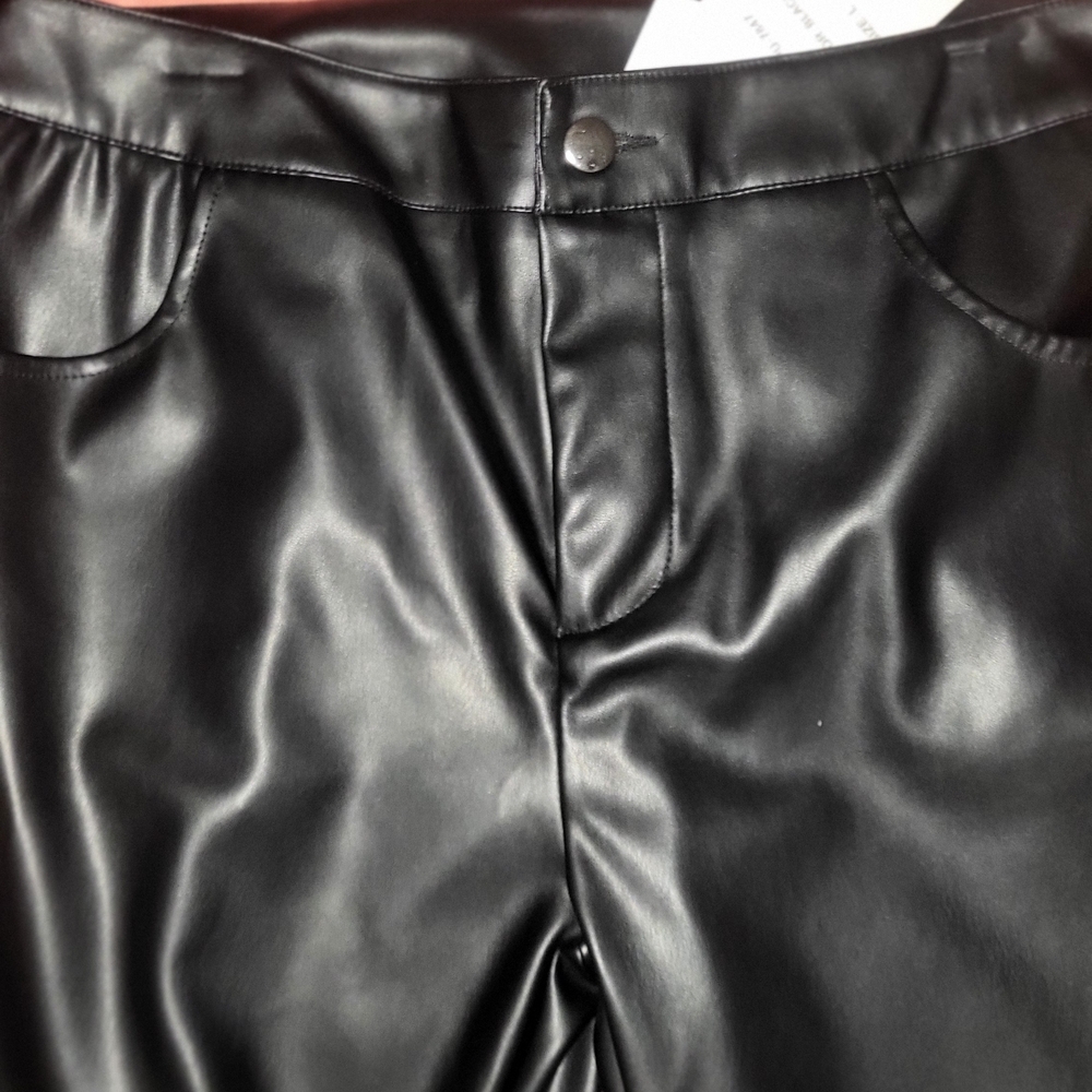 Women's Black Faux Leather Pants with Fur Trim - Picture 7 of 11